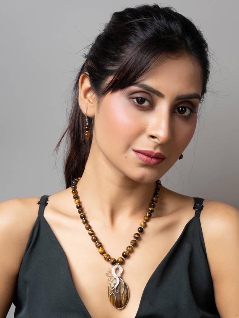 Handmade Designer Golden Brown Tiger Eye Stone Necklace Set-Laanp175 : LAANP175