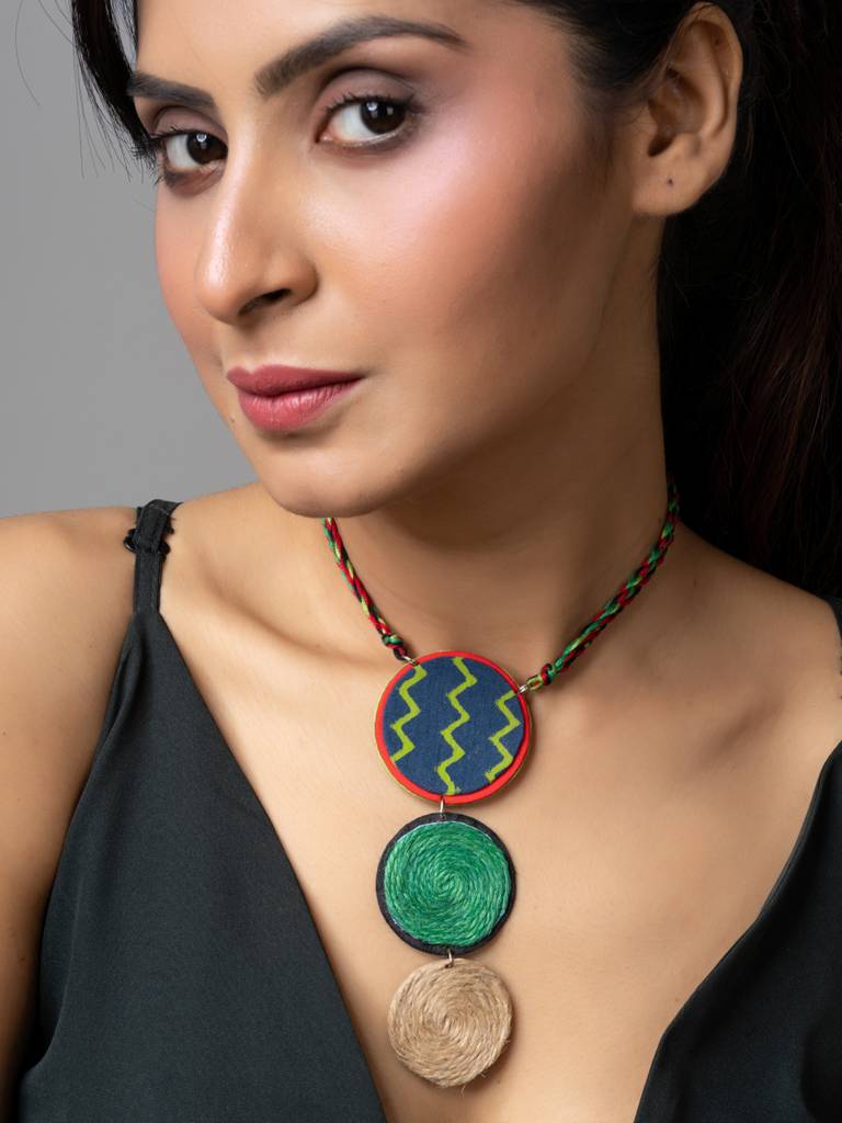 Handmade Green Blue Jute Fabric Necklace With Twisted Dori : LAANP166