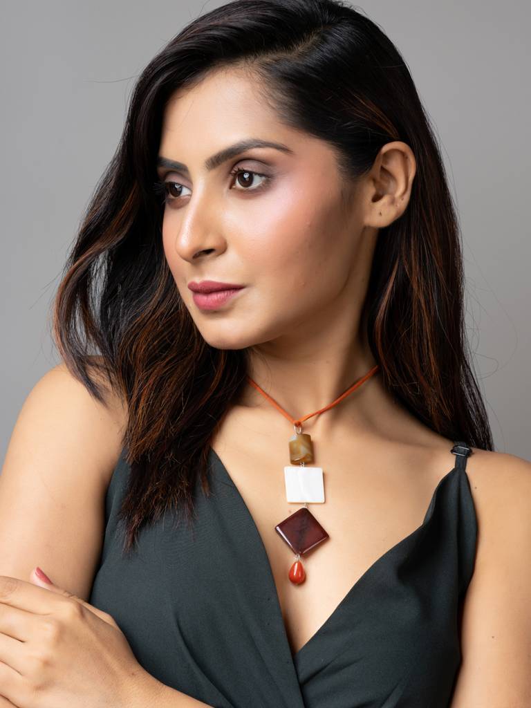 Brown White Onyx Agate Mother Of Pearl Designer Sleek Necklace With Suede Cord : LAANP165