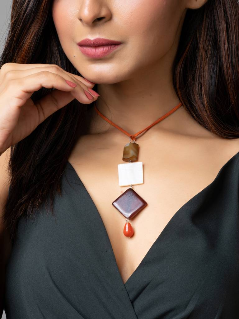 Brown White Onyx Agate Mother Of Pearl Designer Sleek Necklace With Suede Cord : LAANP165