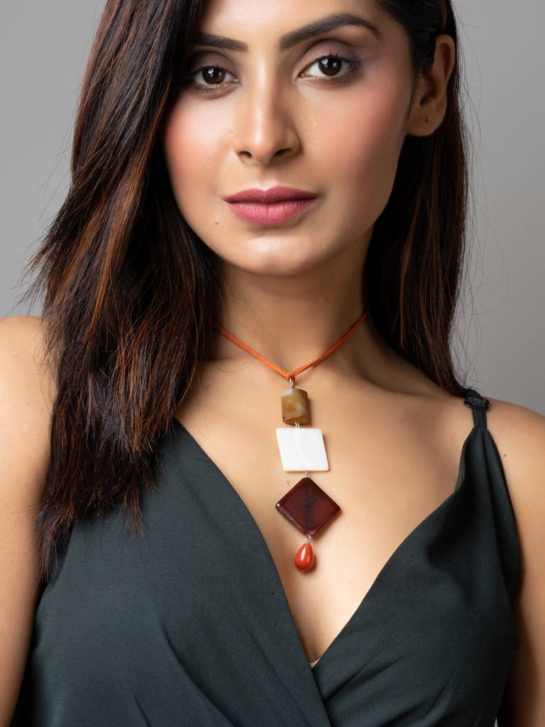 Brown White Onyx Agate Mother Of Pearl Designer Sleek Necklace With Suede Cord : LAANP165