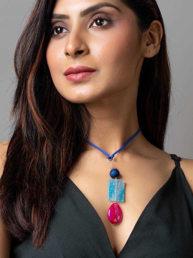 Pink Blue Onyx Agate Druzy Designer Sleek Necklace With Blue Suede Cord : LAANP160