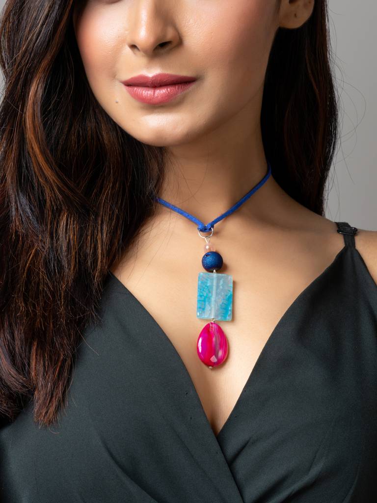 Pink Blue Onyx Agate Druzy Designer Sleek Necklace With Blue Suede Cord : LAANP160