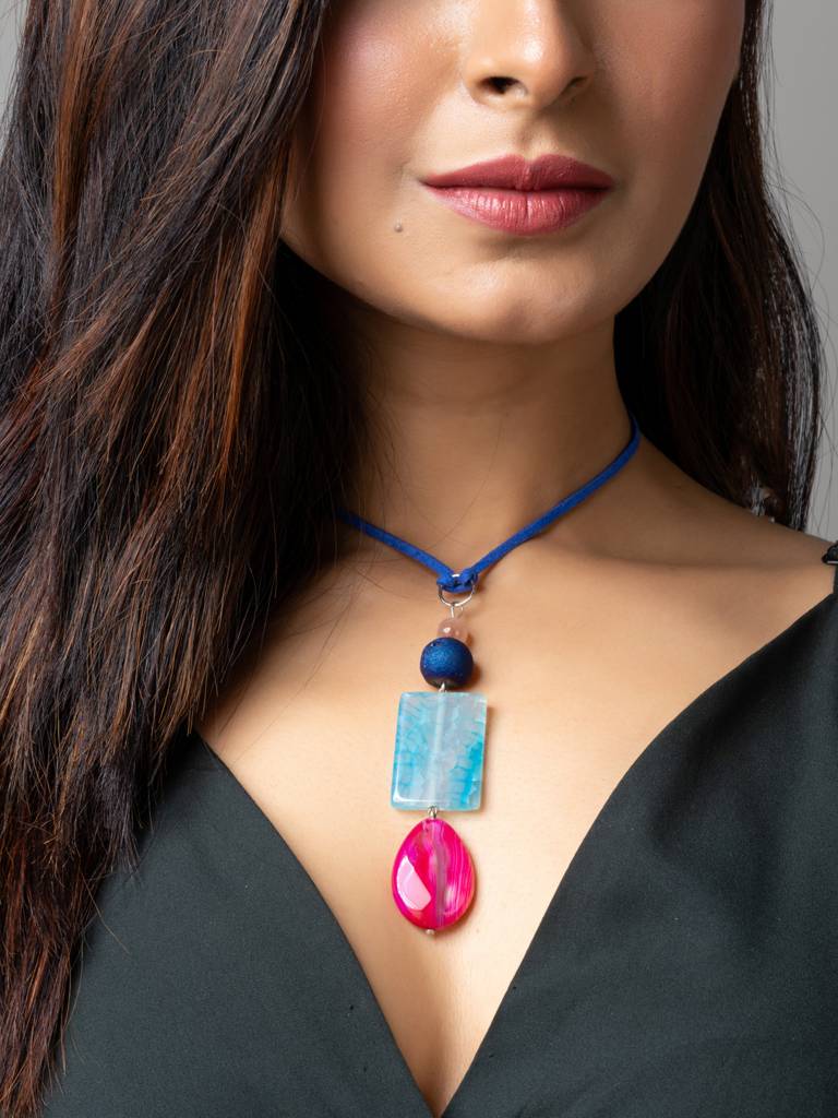 Pink Blue Onyx Agate Druzy Designer Sleek Necklace With Blue Suede Cord : LAANP160