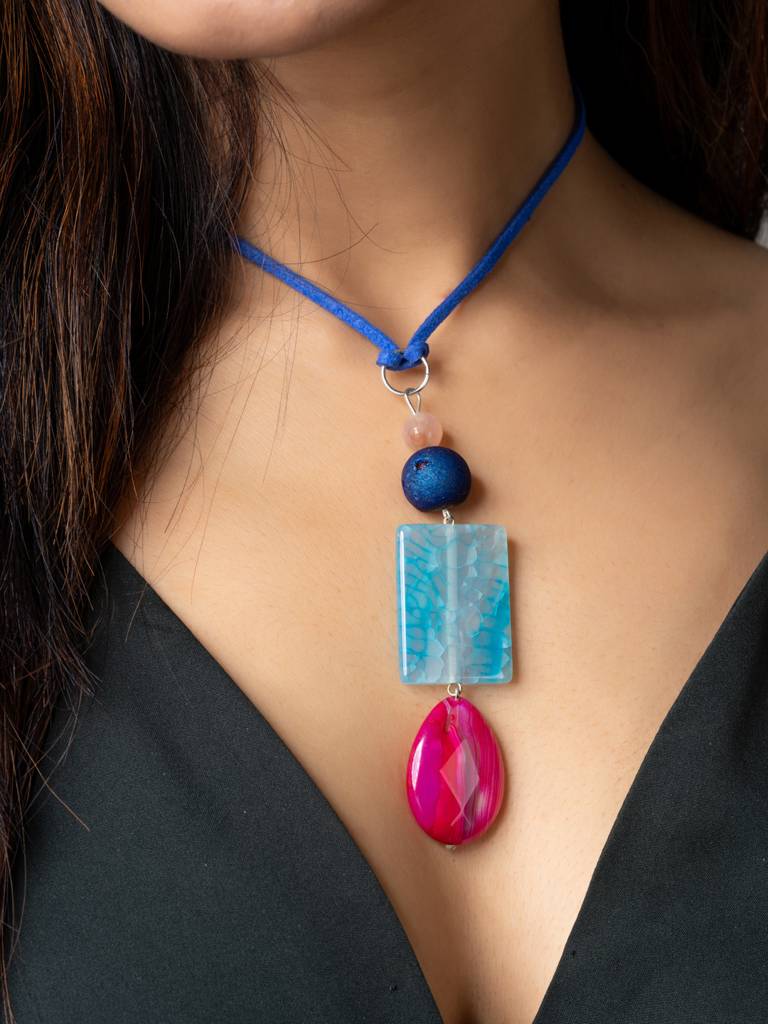 Pink Blue Onyx Agate Druzy Designer Sleek Necklace With Blue Suede Cord : LAANP160