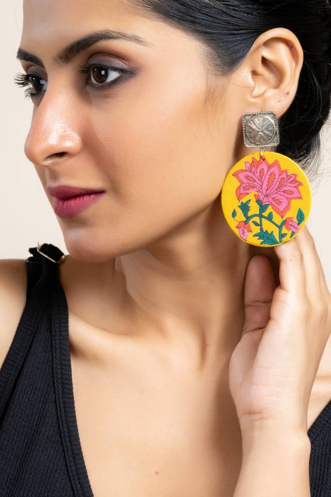 Handmade Yellow Floral Fabric With German Silver Square Stud Earrings For Every Occasion : LAAER582