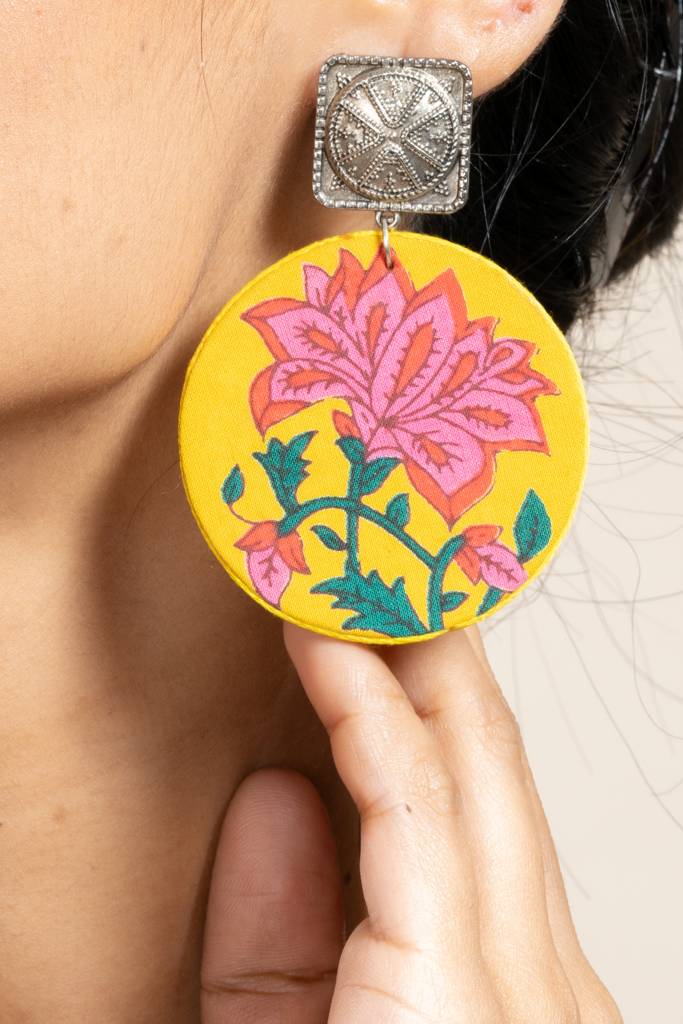 Handmade Yellow Floral Fabric With German Silver Square Stud Earrings For Every Occasion : LAAER582