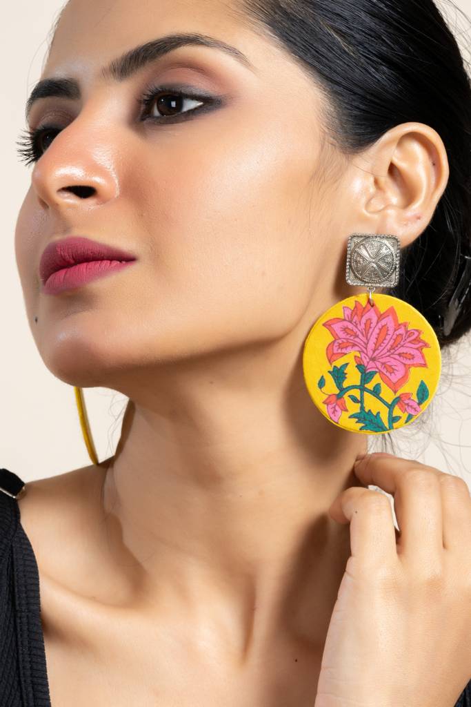 Handmade Yellow Floral Fabric With German Silver Square Stud Earrings For Every Occasion : LAAER582