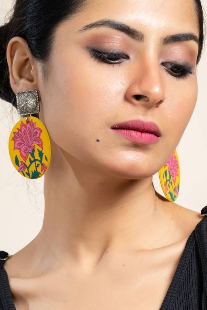 Handmade Yellow Floral Fabric With German Silver Square Stud Earrings For Every Occasion : LAAER582