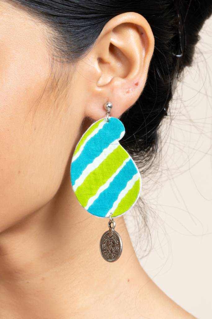 Handmade Leheriya Coin Earrings In Turquoise Blue Green With Oxidized Studs, Unique Fabric Design : LAAER584