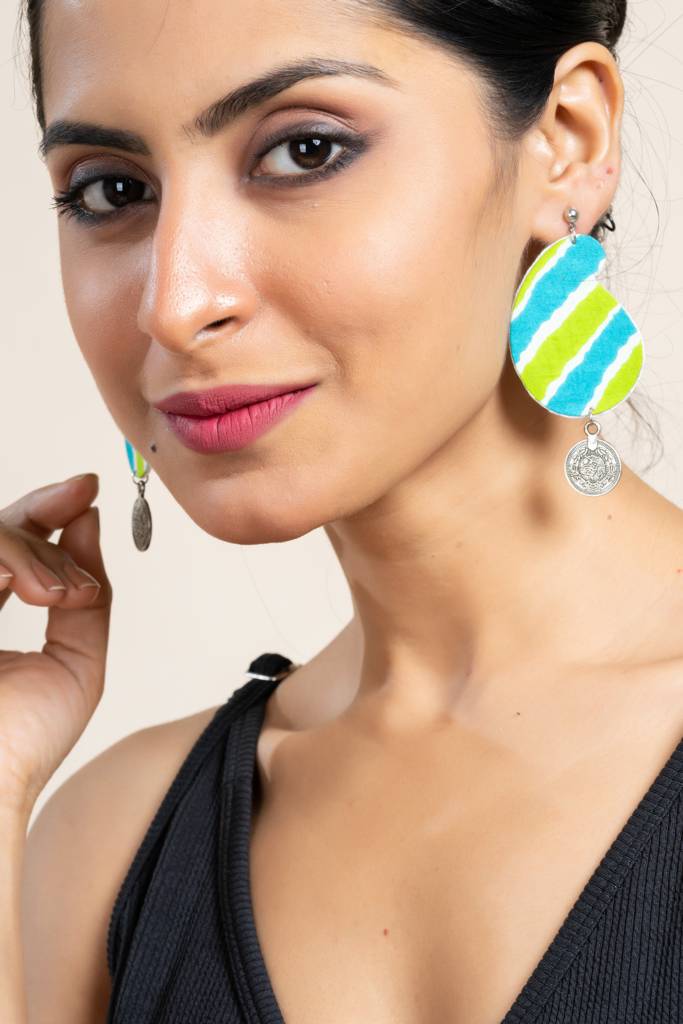 Handmade Leheriya Coin Earrings In Turquoise Blue Green With Oxidized Studs, Unique Fabric Design : LAAER584