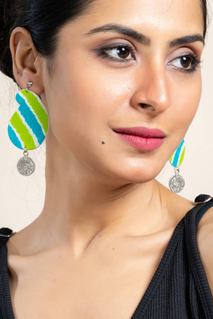 Handmade Leheriya Coin Earrings In Turquoise Blue Green With Oxidized Studs, Unique Fabric Design : LAAER584