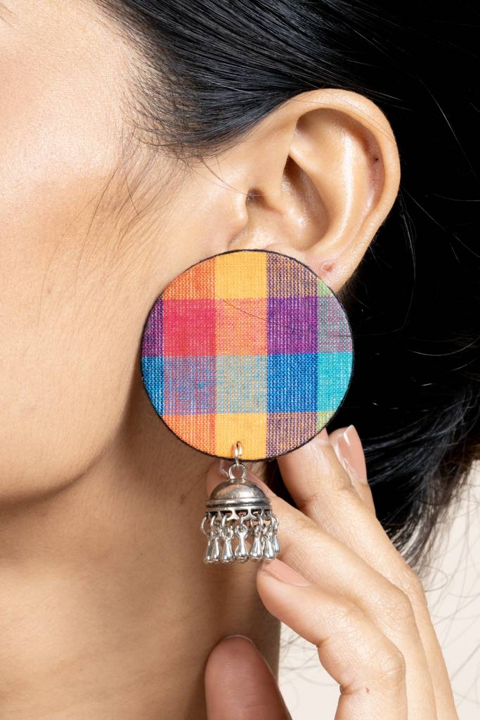 Handmade  Multicolor Fabric Jhumka Earrings In German Silver - Unique, Elegant, Non-Allergic Design : LAAER591