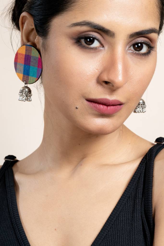 Handmade  Multicolor Fabric Jhumka Earrings In German Silver - Unique, Elegant, Non-Allergic Design : LAAER591