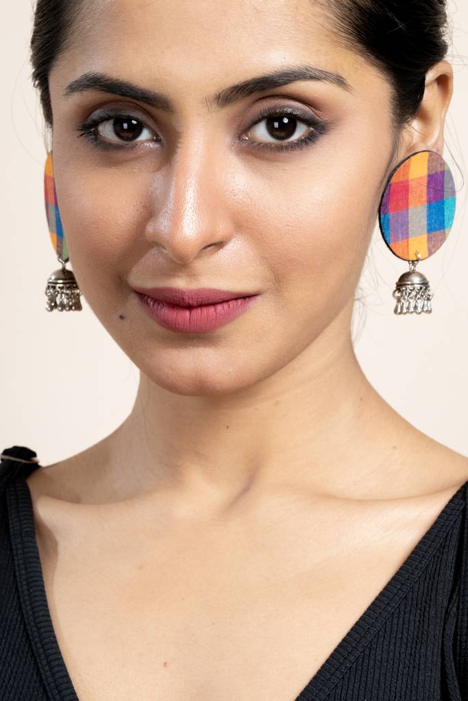 Handmade  Multicolor Fabric Jhumka Earrings In German Silver - Unique, Elegant, Non-Allergic Design : LAAER591