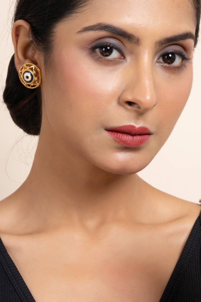 Gold Plated Round Evil Eye Stud Earrings With White Blue Meenakari Design - Copper Jewelry : LAAER569