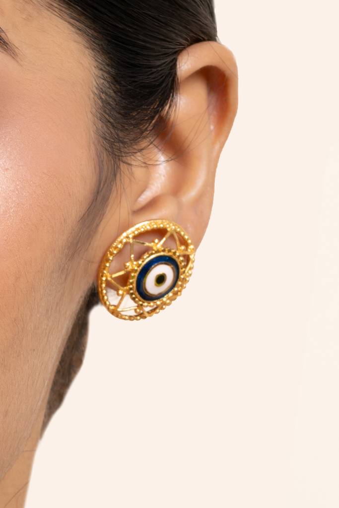 Gold Plated Round Evil Eye Stud Earrings With White Blue Meenakari Design - Copper Jewelry : LAAER569