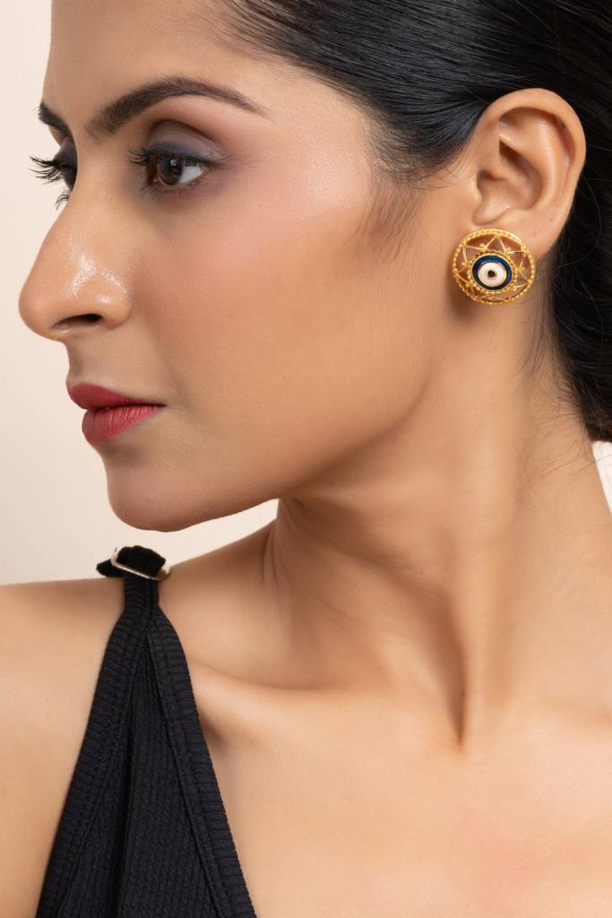 Gold Plated Round Evil Eye Stud Earrings With White Blue Meenakari Design - Copper Jewelry : LAAER569