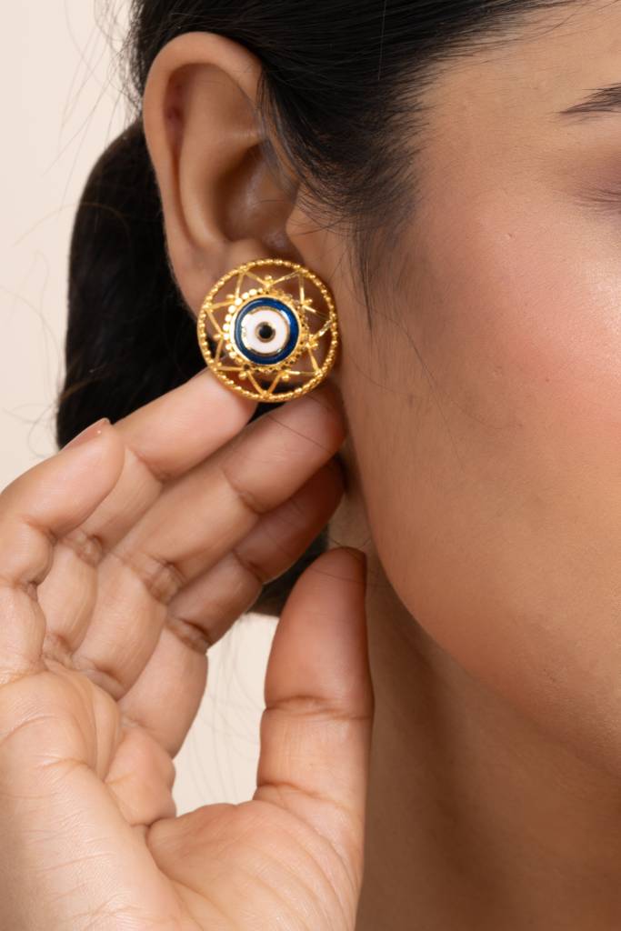 Gold Plated Round Evil Eye Stud Earrings With White Blue Meenakari Design - Copper Jewelry : LAAER569