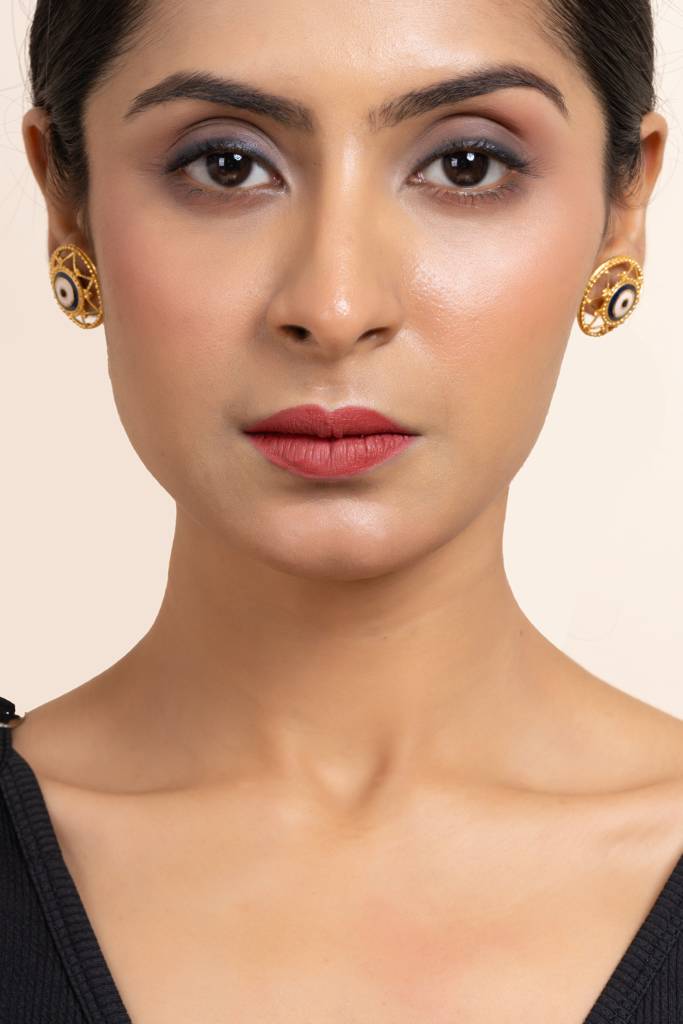 Gold Plated Round Evil Eye Stud Earrings With White Blue Meenakari Design - Copper Jewelry : LAAER569
