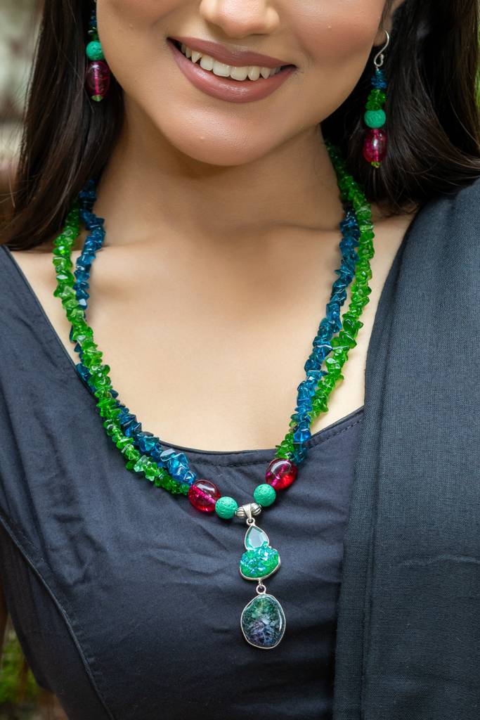Bohemian Handmade Blue Green Pink Semi Precious Agate Lava Bead Stone Chips Necklace Set : LAANP125