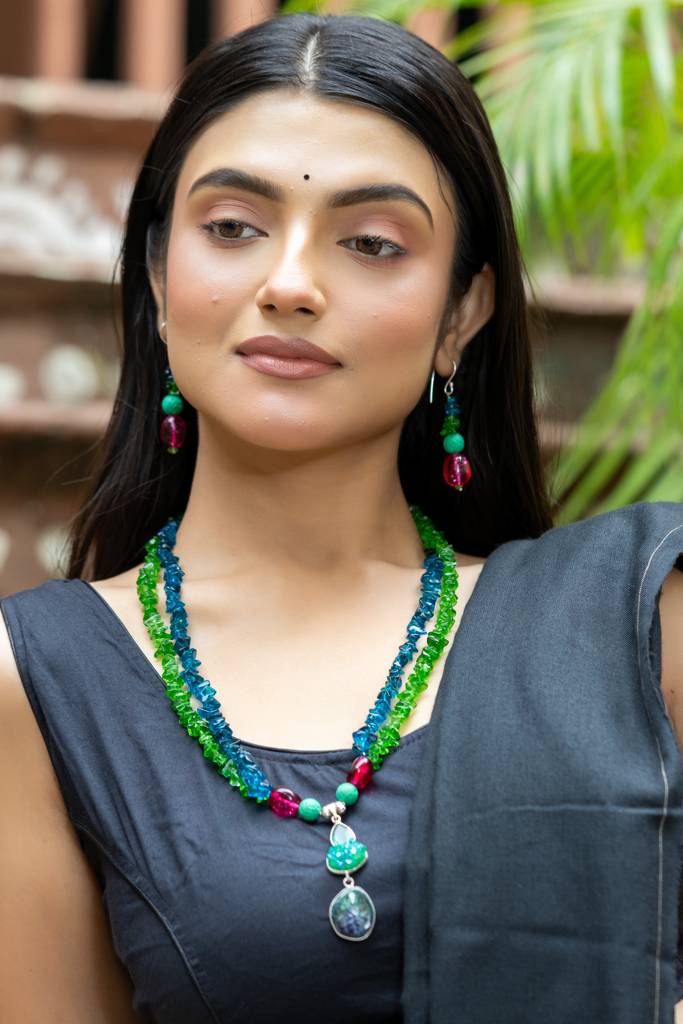 Bohemian Handmade Blue Green Pink Semi Precious Agate Lava Bead Stone Chips Necklace Set : LAANP125