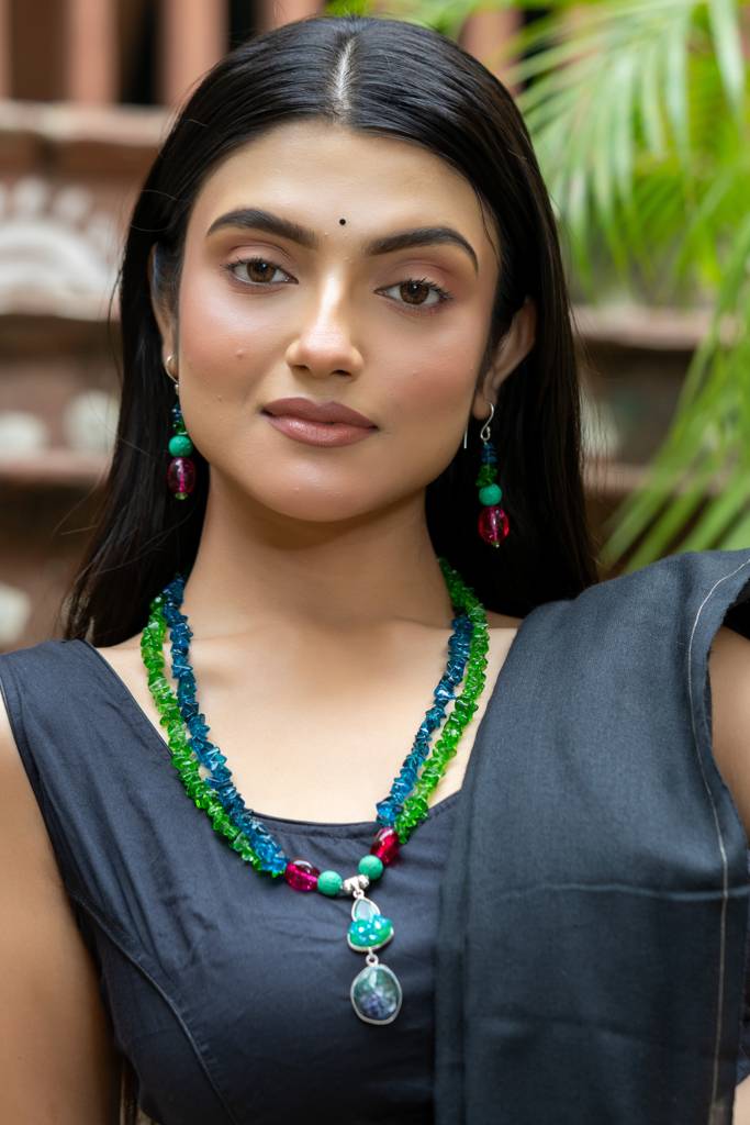 Bohemian Handmade Blue Green Pink Semi Precious Agate Lava Bead Stone Chips Necklace Set : LAANP125