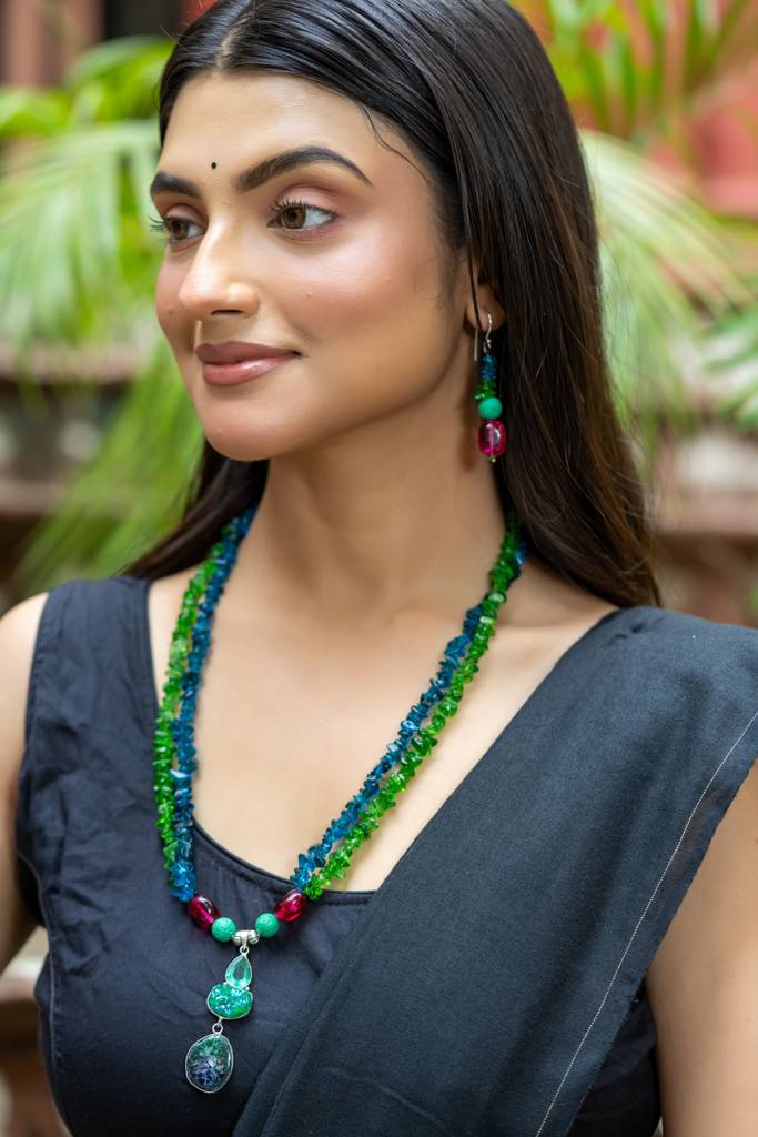 Bohemian Handmade Blue Green Pink Semi Precious Agate Lava Bead Stone Chips Necklace Set : LAANP125