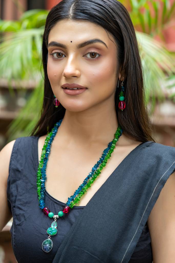 Bohemian Handmade Blue Green Pink Semi Precious Agate Lava Bead Stone Chips Necklace Set : LAANP125