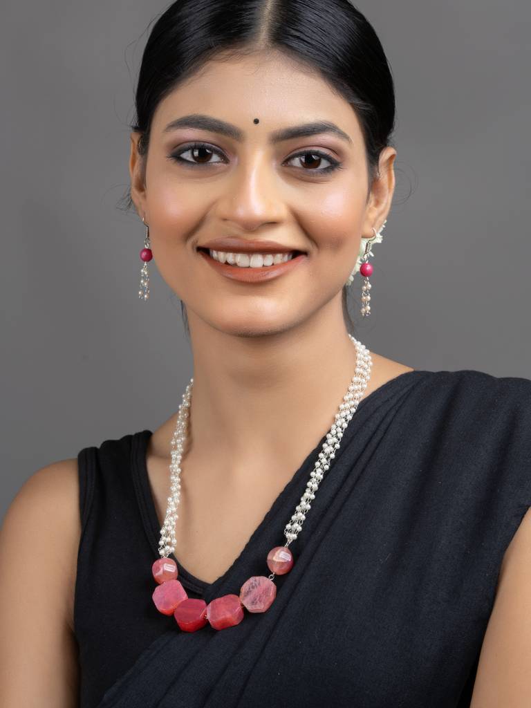 Semi Precious Pink Onyx Faux Pearl Chain Necklace Set : LAANP181