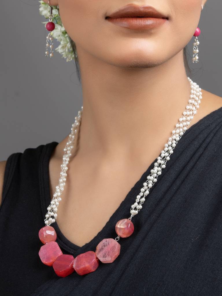 Semi Precious Pink Onyx Faux Pearl Chain Necklace Set : LAANP181