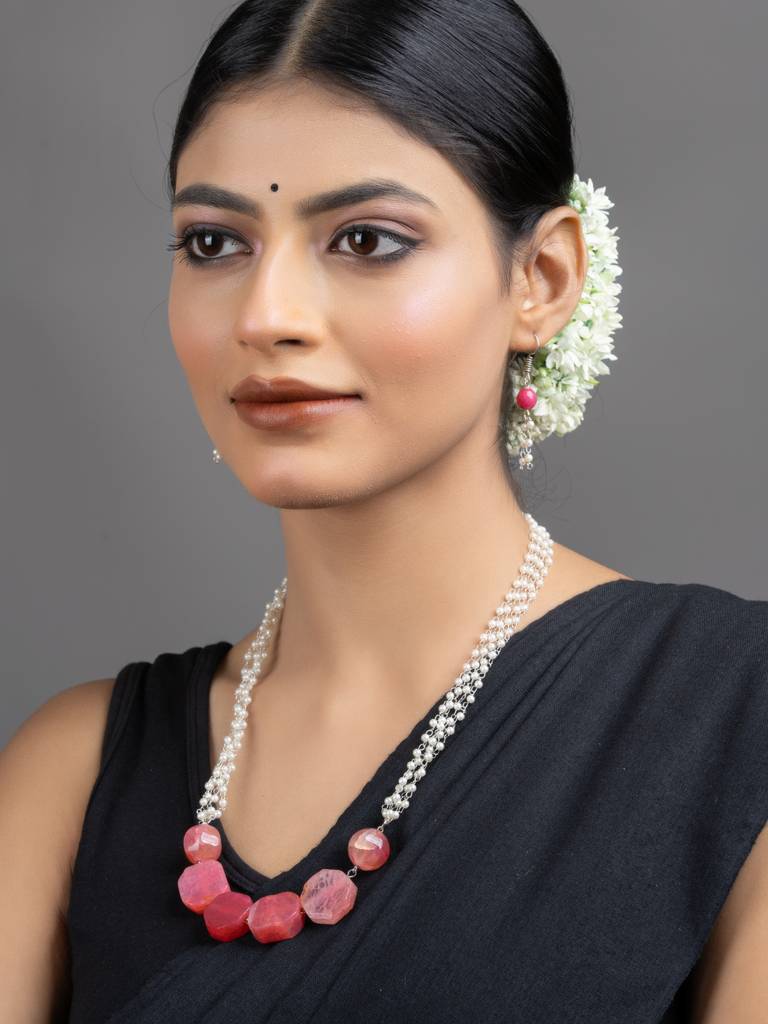 Semi Precious Pink Onyx Faux Pearl Chain Necklace Set : LAANP181