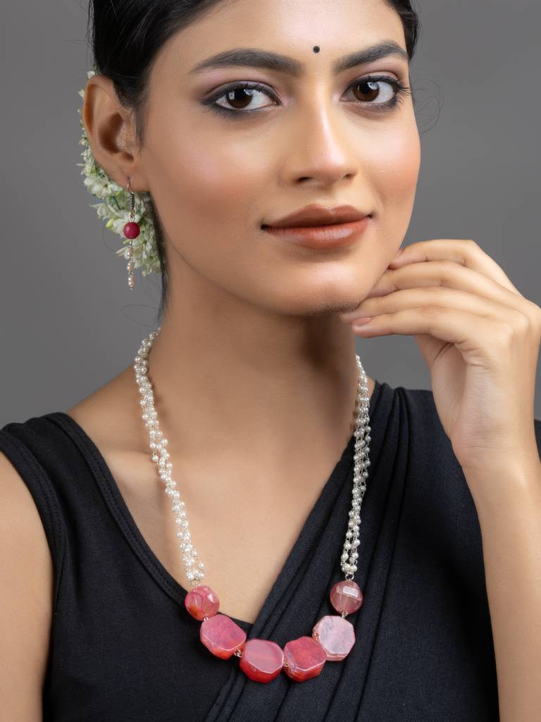 Semi Precious Pink Onyx Faux Pearl Chain Necklace Set : LAANP181