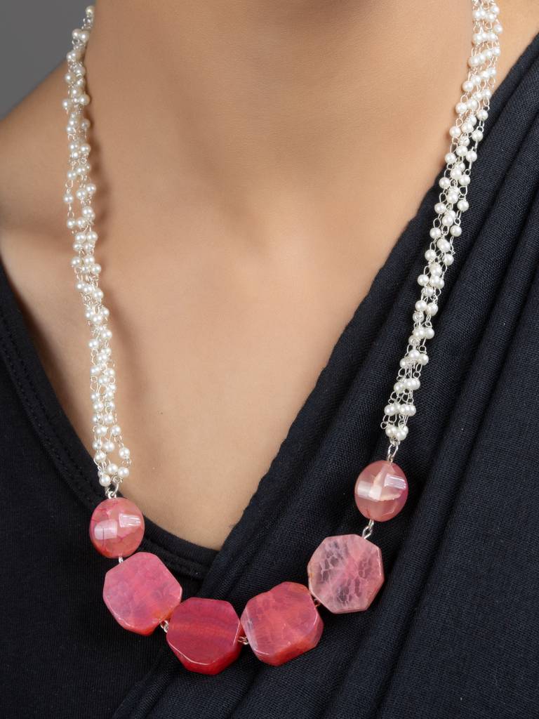 Semi Precious Pink Onyx Faux Pearl Chain Necklace Set : LAANP181