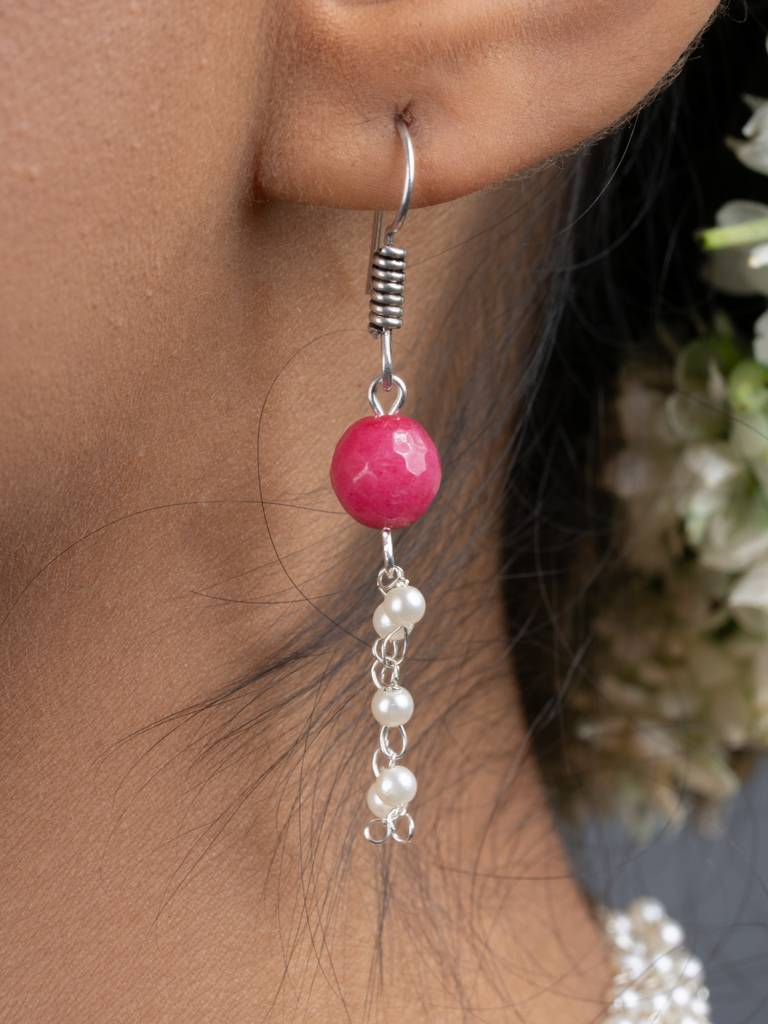 Semi Precious Pink Onyx Faux Pearl Chain Necklace Set : LAANP181