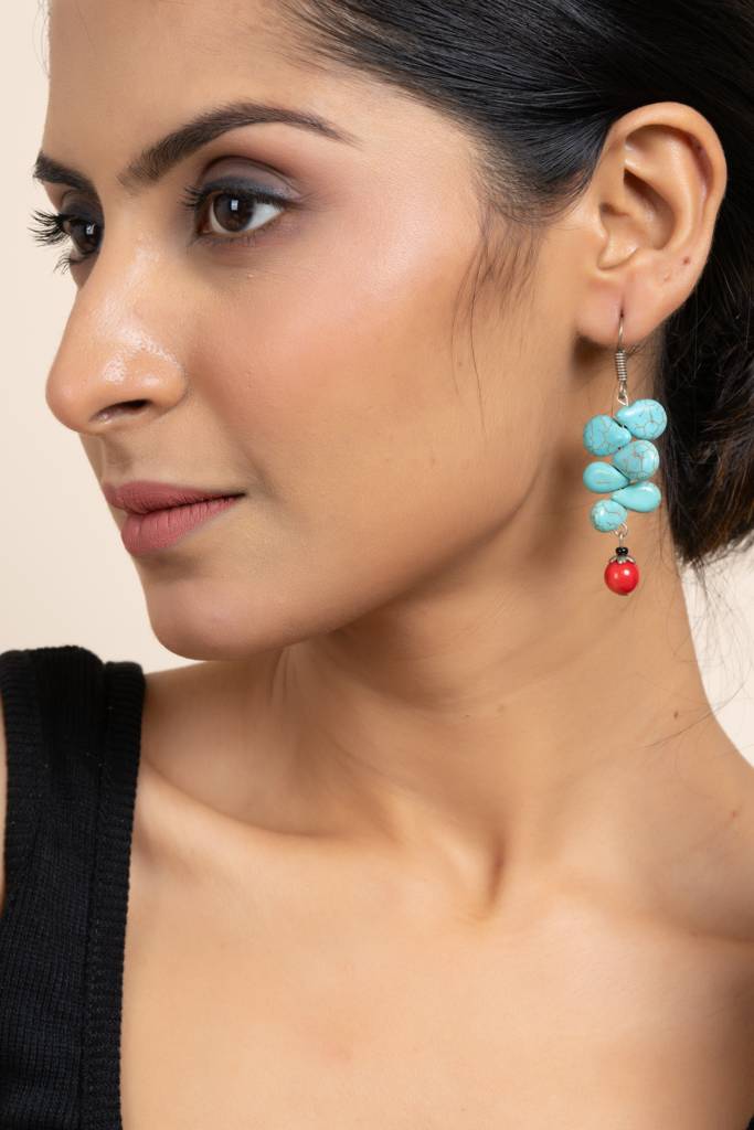 Handcrafted Semi Precious Turquoise And Red Drop Earrings : LAAER575