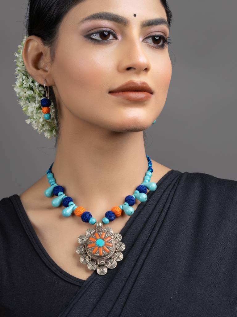 Turquoise Blue Orange Original Tibetan Floral Pendant Necklace Set : LAANP183