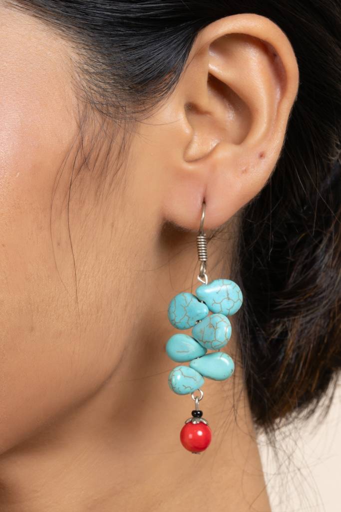 Handcrafted Semi Precious Turquoise And Red Drop Earrings : LAAER575