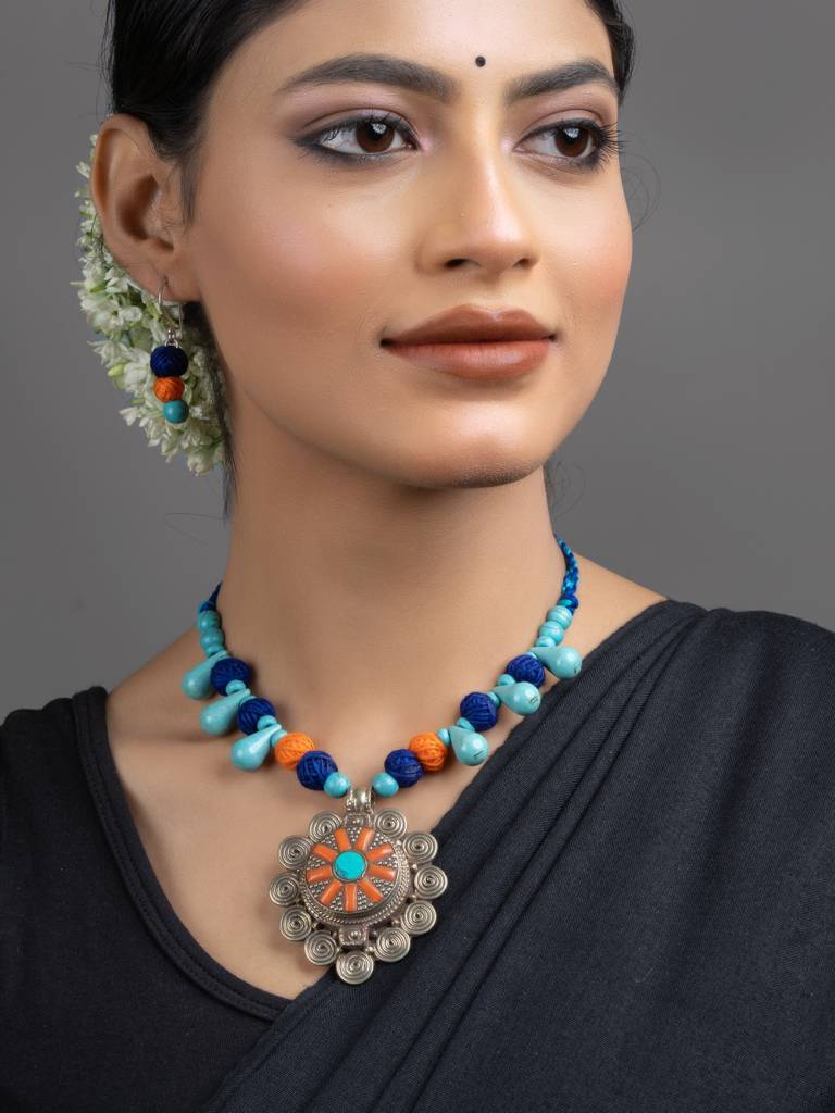 Turquoise Blue Orange Original Tibetan Floral Pendant Necklace Set : LAANP183