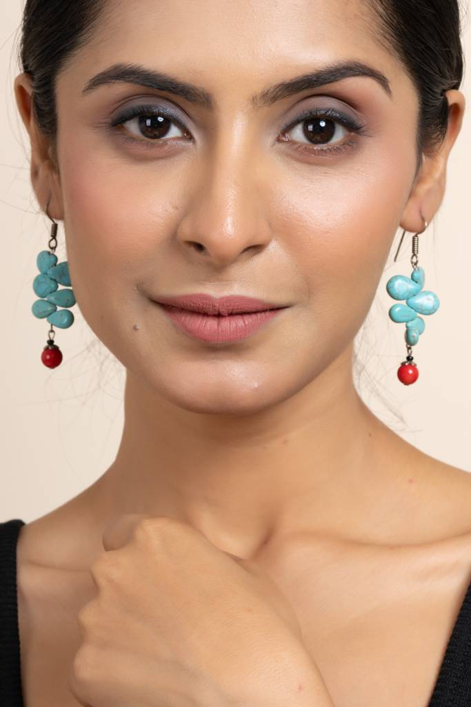 Handcrafted Semi Precious Turquoise And Red Drop Earrings : LAAER575