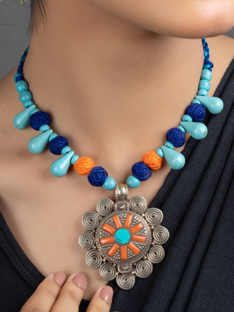 Turquoise Blue Orange Original Tibetan Floral Pendant Necklace Set : LAANP183