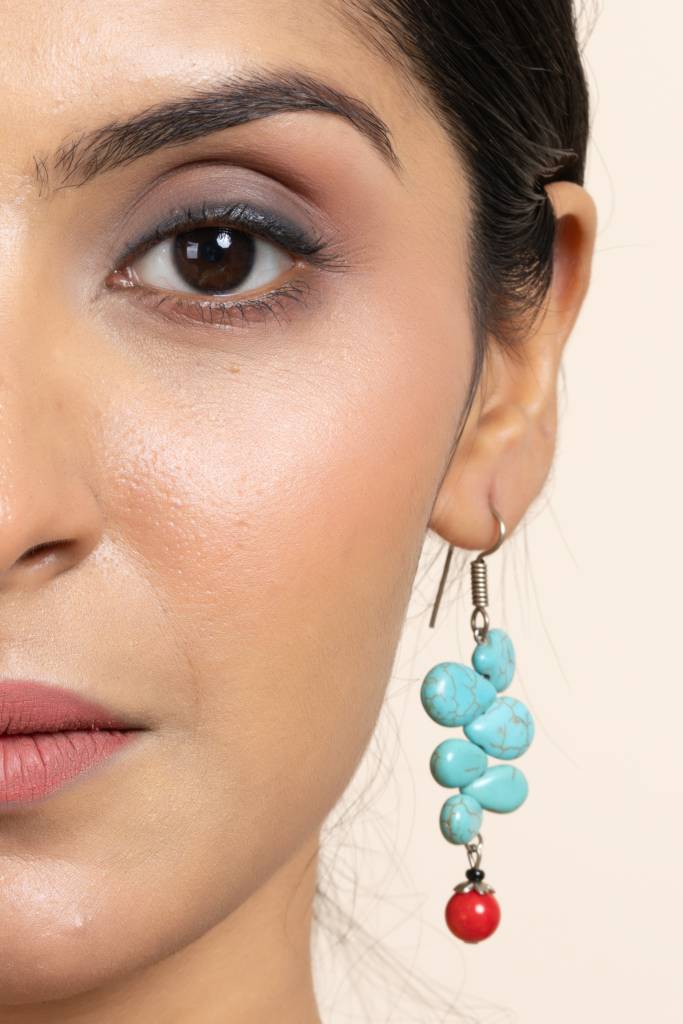 Handcrafted Semi Precious Turquoise And Red Drop Earrings : LAAER575