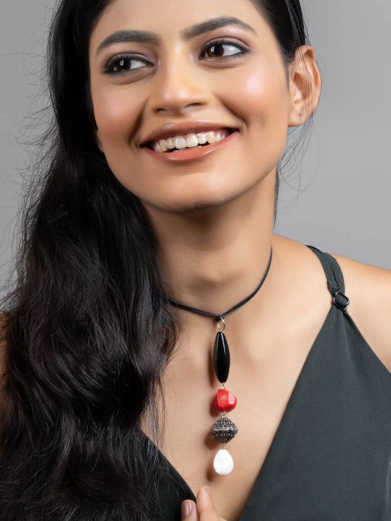 White Red Black Mother Of Pearl Coral Jade Sleek Necklace With Adjustable Suede Cord : LAANP196