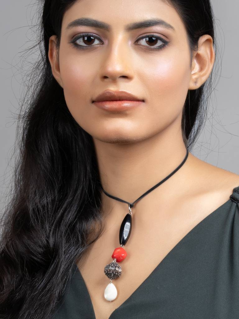 White Red Black Mother Of Pearl Coral Jade Sleek Necklace With Adjustable Suede Cord : LAANP196
