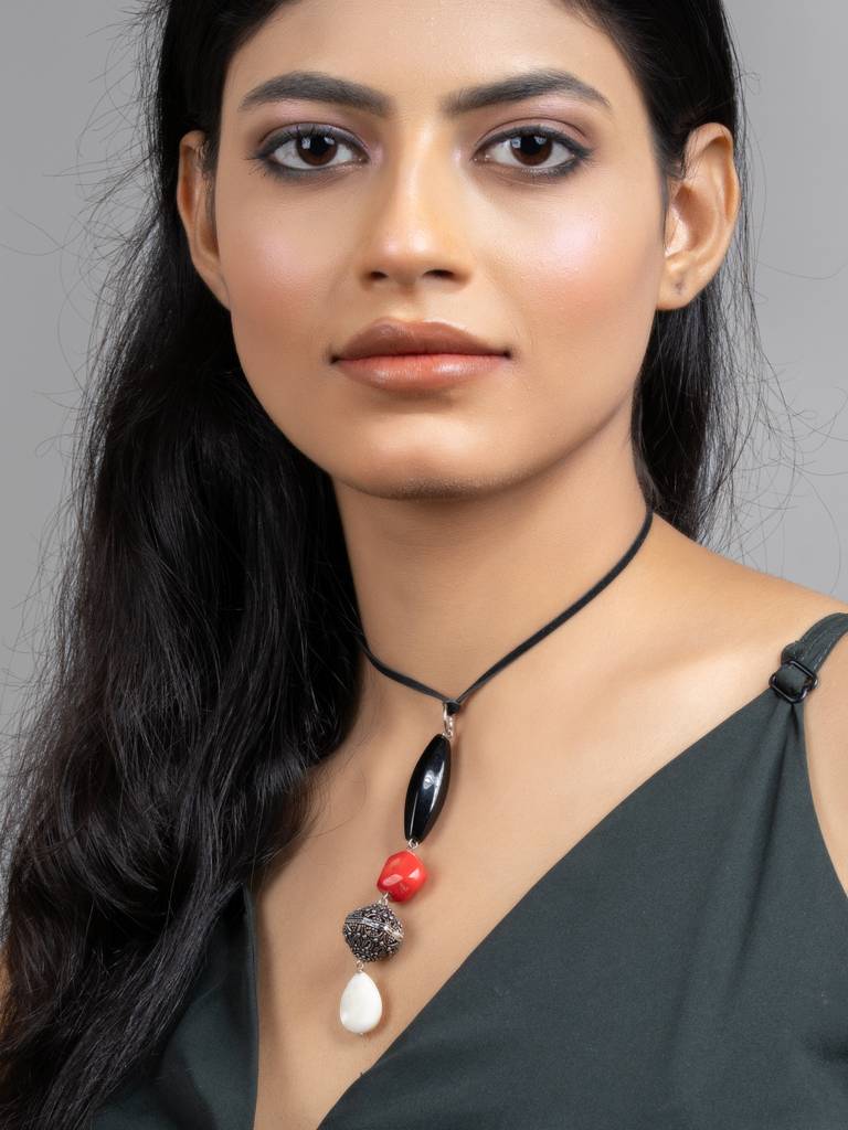 White Red Black Mother Of Pearl Coral Jade Sleek Necklace With Adjustable Suede Cord : LAANP196