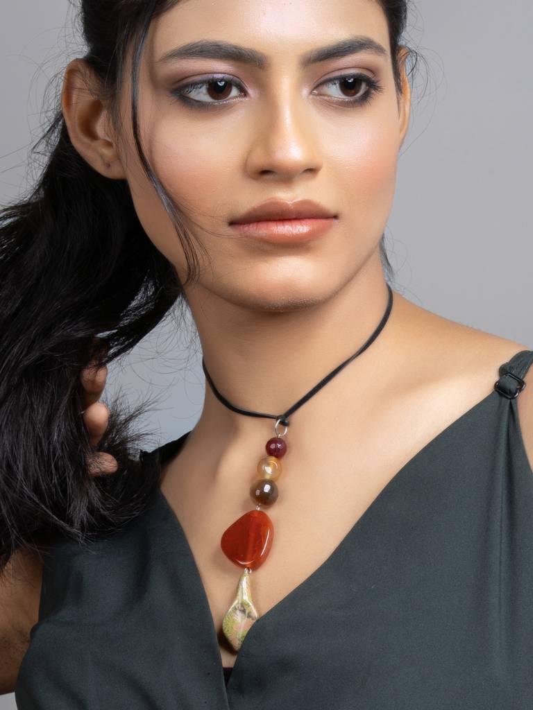 Green Brown Unakite Lily Onyx Jade Sleek Necklace With Adjustable Suede Cord : LAANP193
