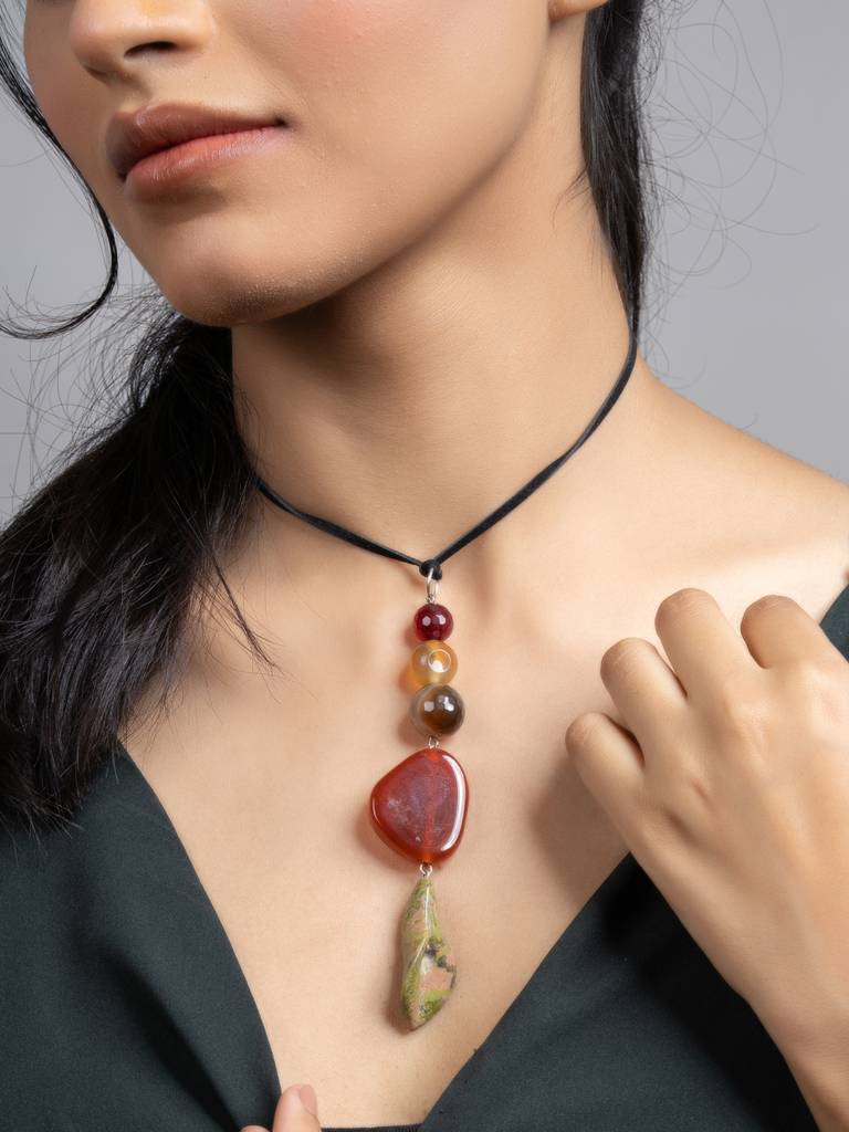 Green Brown Unakite Lily Onyx Jade Sleek Necklace With Adjustable Suede Cord : LAANP193