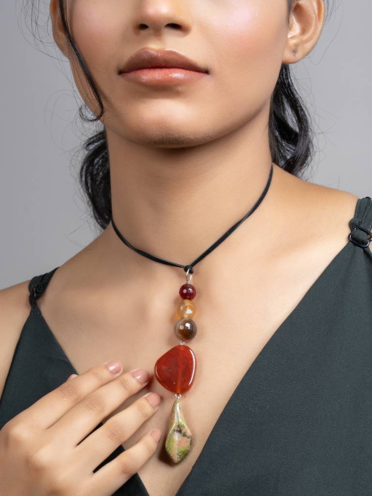 Green Brown Unakite Lily Onyx Jade Sleek Necklace With Adjustable Suede Cord : LAANP193