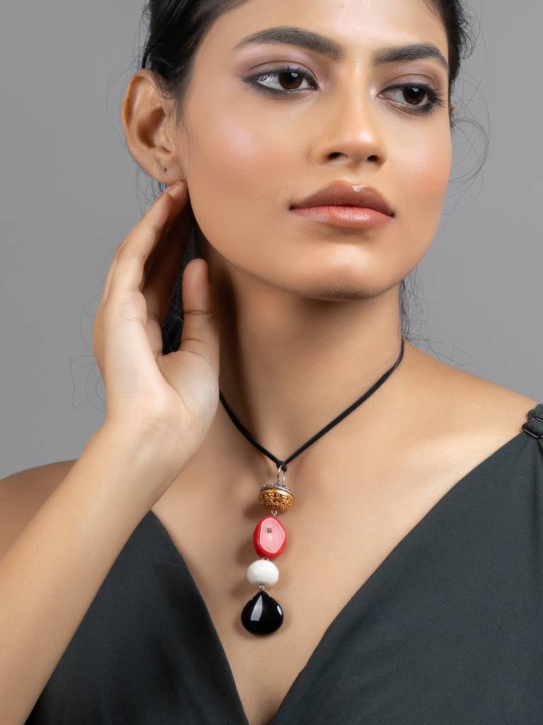 Red Black White Coral Jade Sleek Necklace With Adjustable Suede Cord : LAANP189