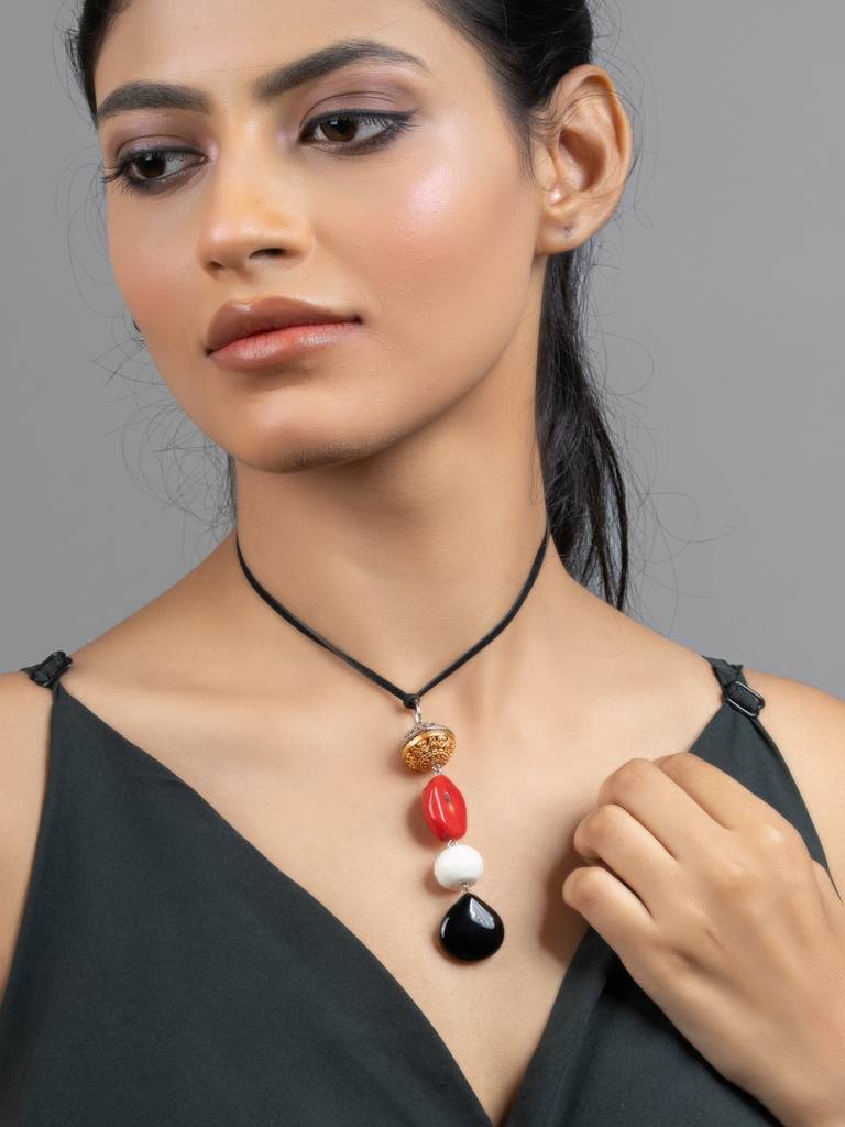 Red Black White Coral Jade Sleek Necklace With Adjustable Suede Cord : LAANP189